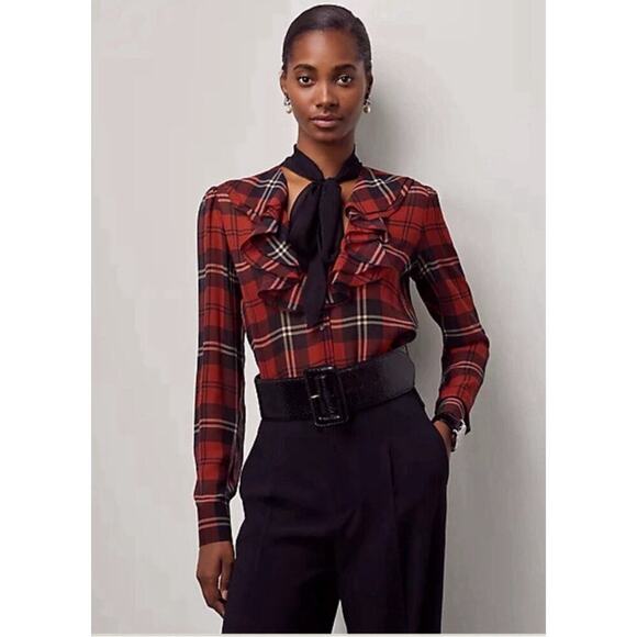 Ralph Lauren Purple Label Plaid Silk Button Up Blouse Top Black Tie Neck S $1490 - Picture 1 of 10